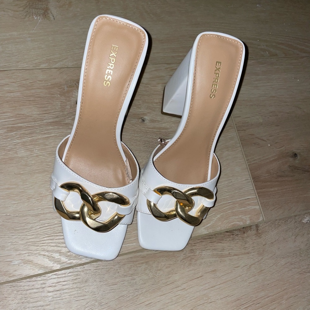 Express White and Gold Peep-Toe Heels